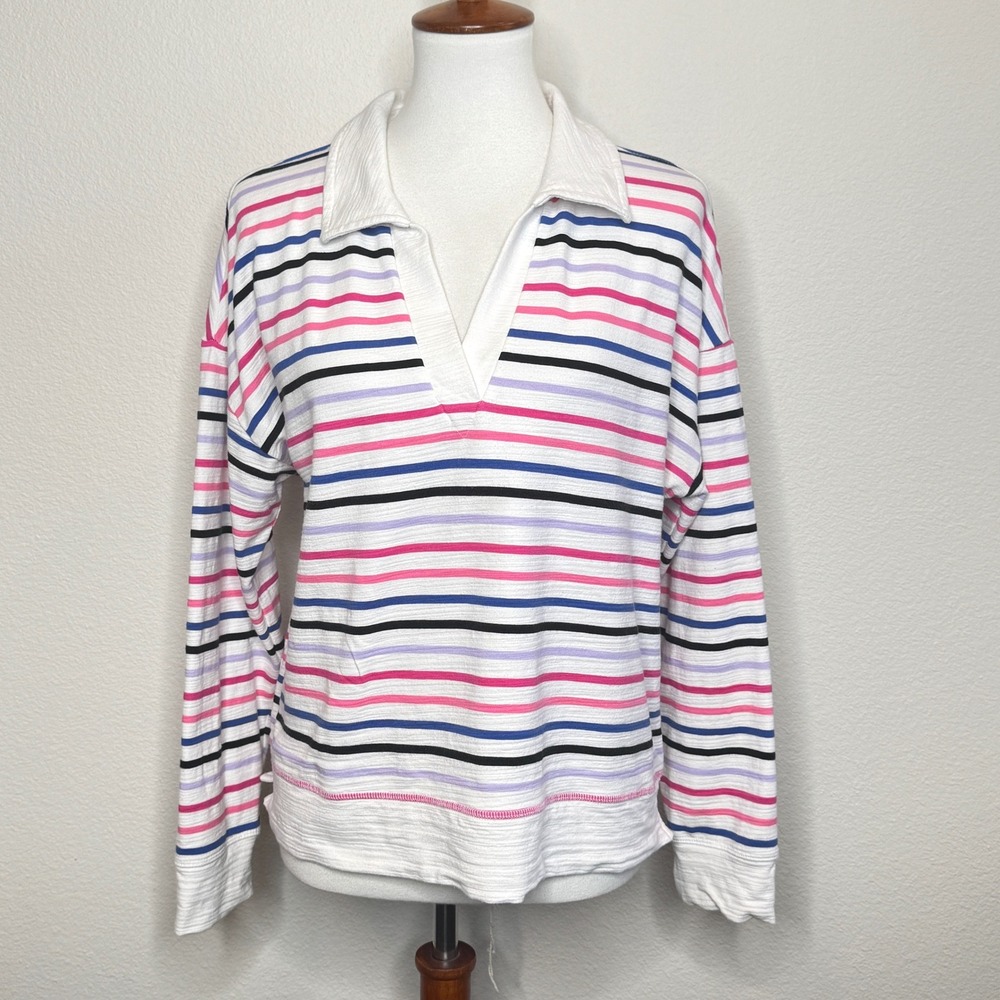 T by TALBOTS Popover Knit Rugby Style LG Colorful Stripe Terry Activewear UPF 50
